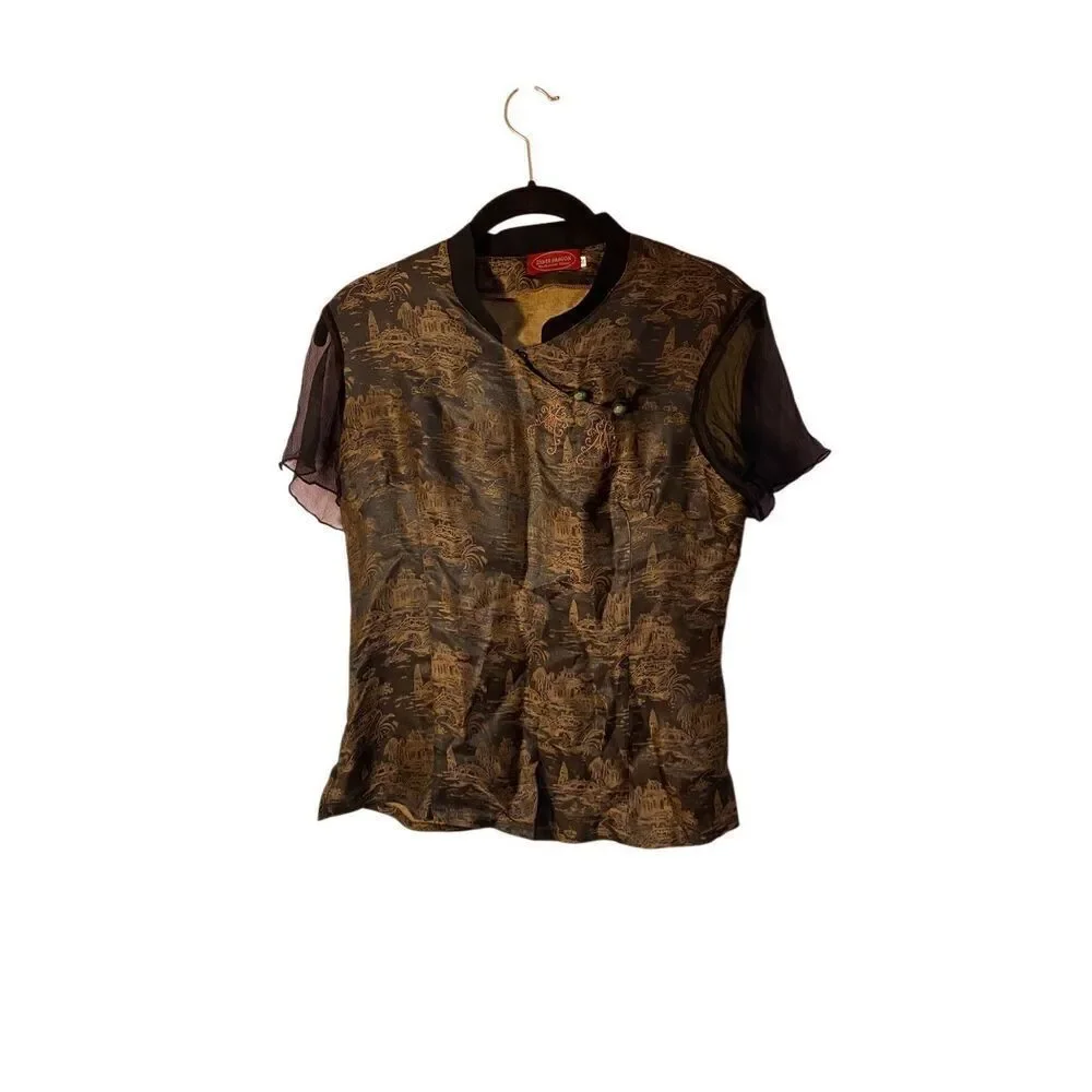 Silver dragon women’s brown and black Asian inspired top size medium ￼